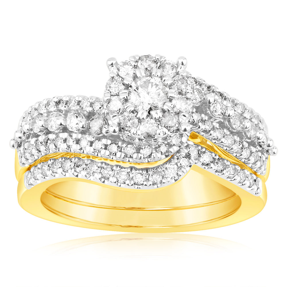 9ct Yellow Gold 1.1 Carat Diamond Bridal Engagement & Wedding Ring Set