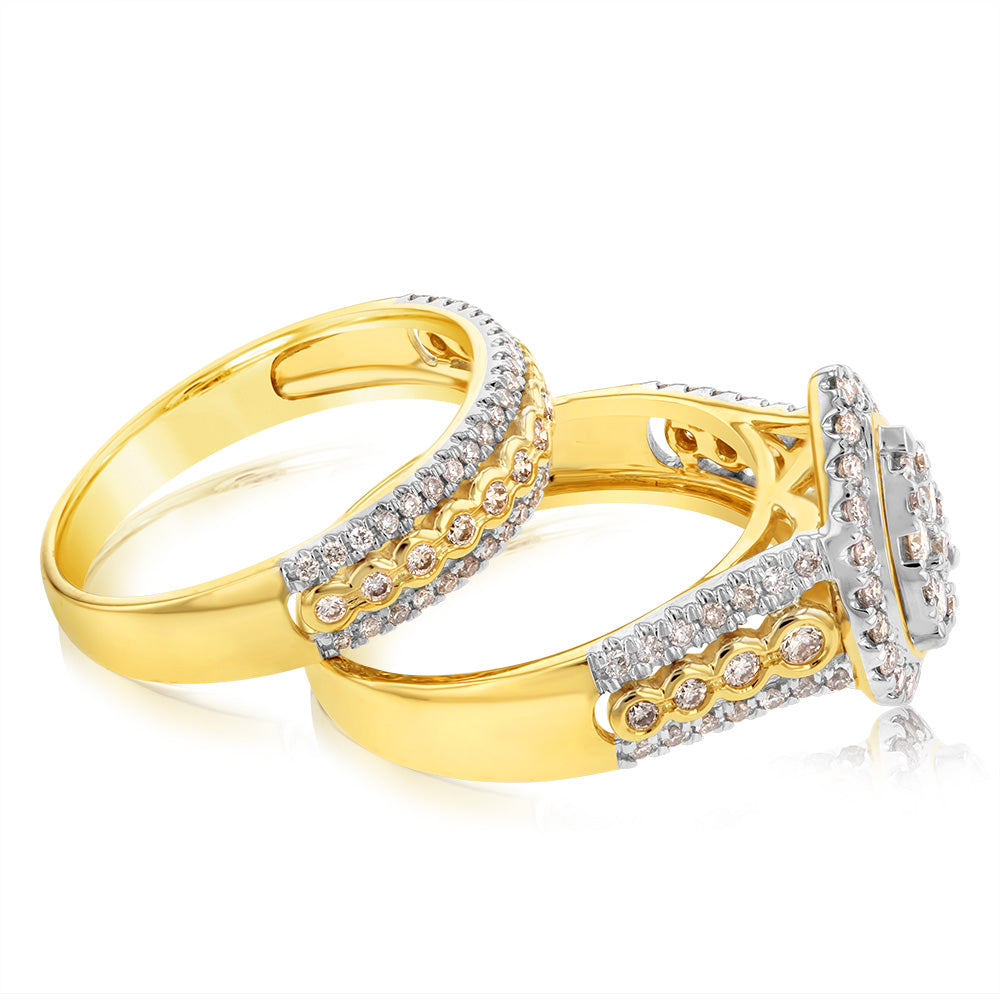 9ct Yellow Gold 3/4 Carat 2 Ring Bridal Set with 124 Brilliant Cut Diamonds
