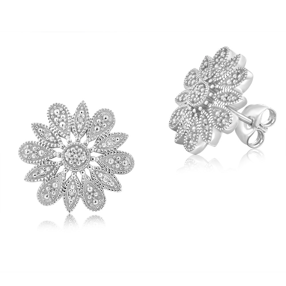 Flower Diamond Stud Earrings in Sterling Silver