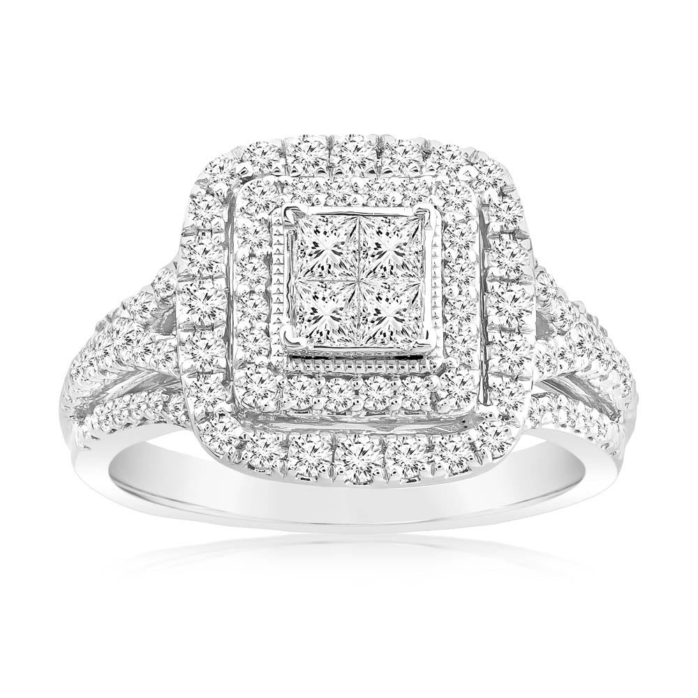 0.95 Carat Diamond Cushion Cluster Ring in 14ct White Gold