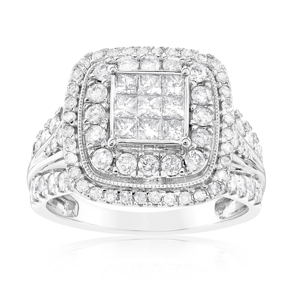 1.40 Carat Diamond Cushion Cluster Ring in 14ct White Gold