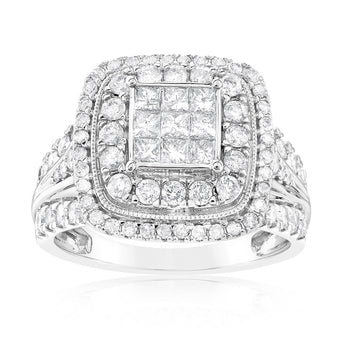 1.40 Carat Diamond Cushion Cluster Ring in 14ct White Gold