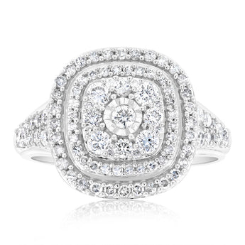 0.95 Carat Diamond Cluster Cushion Ring in 10ct White Gold