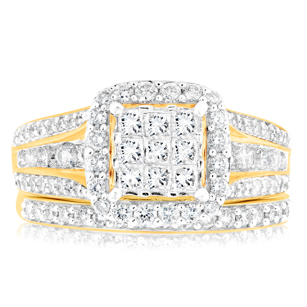 1.40 Carat Diamond Cushion Shape Bridal Set in 10ct Yellow Gold