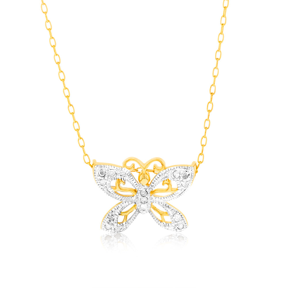 1/10 Carat Diamond Butterfly Pendant in Gold Plated Silver
