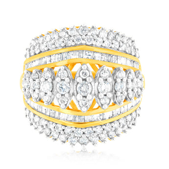 10ct Yellow Gold 2 Carat Diamond Ring with Taper and Round Brilliant Cut Diamonds
