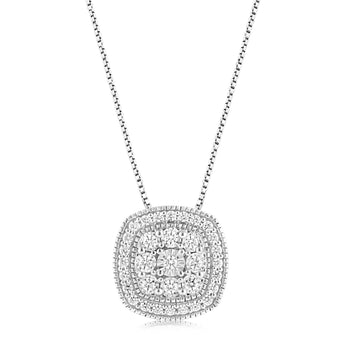 Sterling Silver 0.45 Carat Diamond Cushion Cluster Pendant with Round Brilliant Cut Diamonds on 45cm Chain