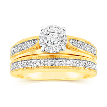 9ct Yellow Gold Cushion Shaped Bridal Ring Set in 0.30 Carat Natural Diamonds