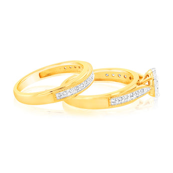 9ct Yellow Gold Cushion Shaped Bridal Ring Set in 0.30 Carat Natural Diamonds