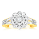 1/3 Carat Diamond Halo Ring with Split Shank in 9ct Yellow Gold