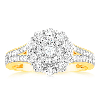 1/3 Carat Diamond Halo Ring with Split Shank in 9ct Yellow Gold