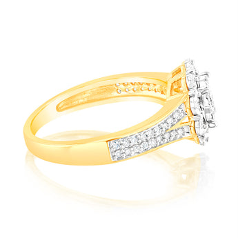 1/3 Carat Diamond Halo Ring with Split Shank in 9ct Yellow Gold