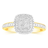 9ct Yellow Gold Cushion Shaped Fancy Ring with 32 Round Brilliant Cut Diamonds