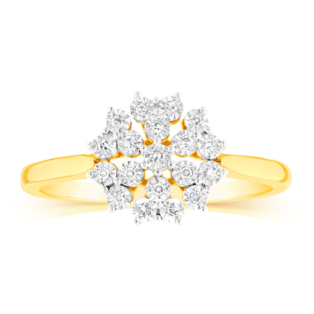 9ct Yellow Gold Flower Shaped Ring in 05 Points Natural Diamonds ...