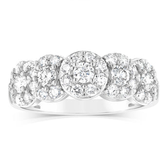 14ct White Gold 0.95 Carat Diamond Ring with 5 Round Brilliant Cut Diamonds Surrounded by Diamond Halos