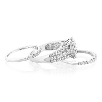 14ct White Gold 1.95 Carat Diamond Halo Bridal 3 Ring set with Brilliant Cut Diamonds