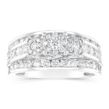 14ct White Gold 1.5 Carat Diamond Trilogy Ring with 3 Round Brilliant Cut Diamonds Surrounded by Diamond Halos and Channel Set Band