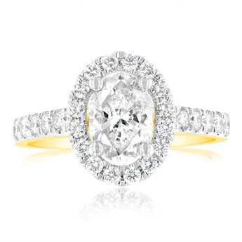 1.50 Carat Diamond Ring With 1 Carat Oval Centre Surrounded by 1/2 Carat Round Diamond Halo in 18ct Yellow Gold
