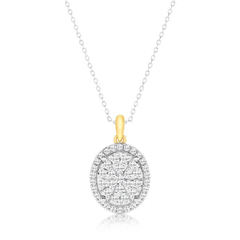 1 Carat Diamond Oval Cluster Shaped Pendant in 9ct Yellow Gold & Sterling Silver on 45cm Sterling Silver Chain