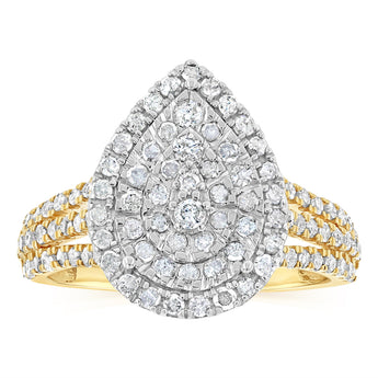 1 Carat Natural Diamond Pear Shaped Ring in 9ct Yellow Gold and Sterling Silver