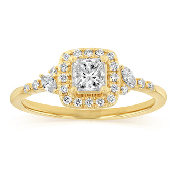 1.14 Carat Diamond Ring with Princess Cut Centre Diamond Surrounded by Brilliant and Marquise Diamonds in 14ct Yellow Gold