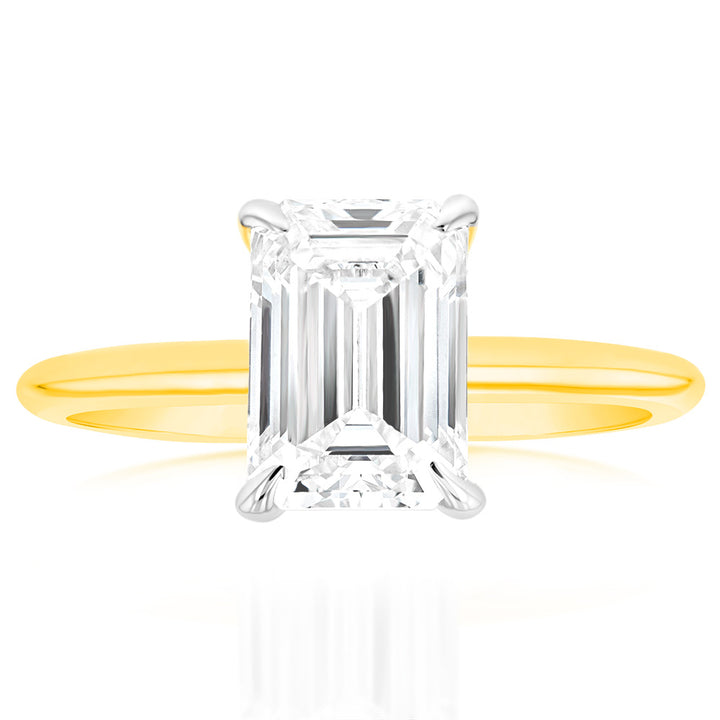Luminesce Lab Grown Certified 2 Carat Diamond Emerald Cut Ring in 18ct Yellow Gold