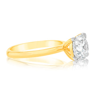 Luminesce Lab Grown Certified 2 Carat Diamond Cushion Cut Ring in 18ct Yellow Gold