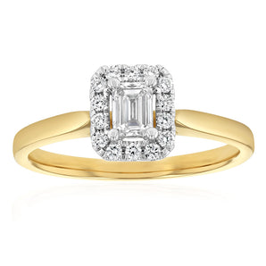 Luminesce Lab Grown 9ct yellow Gold 0.40 Carat Halo Emerald Brilliant Cut Ring
