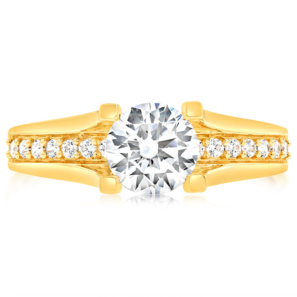 9ct Yellow Gold Round Cubic Zirconia 4 Claw and Channel Set Ring