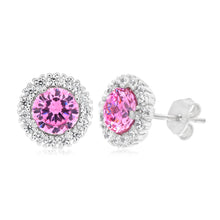 Load image into Gallery viewer, Sterling Silver Rhodium Plated Pink Cubic Zirconia Stud Earrings