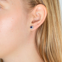 Load image into Gallery viewer, Sterling Silver Created Sapphire + Cubic Zirconia Halo Earrings