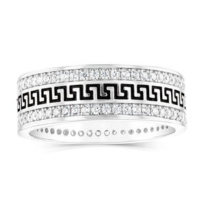 Sterling Silver Zirconia and Black Enamel Greek Key Ring