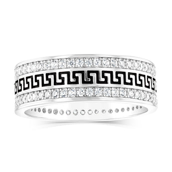 Sterling Silver Zirconia and Black Enamel Greek Key Ring