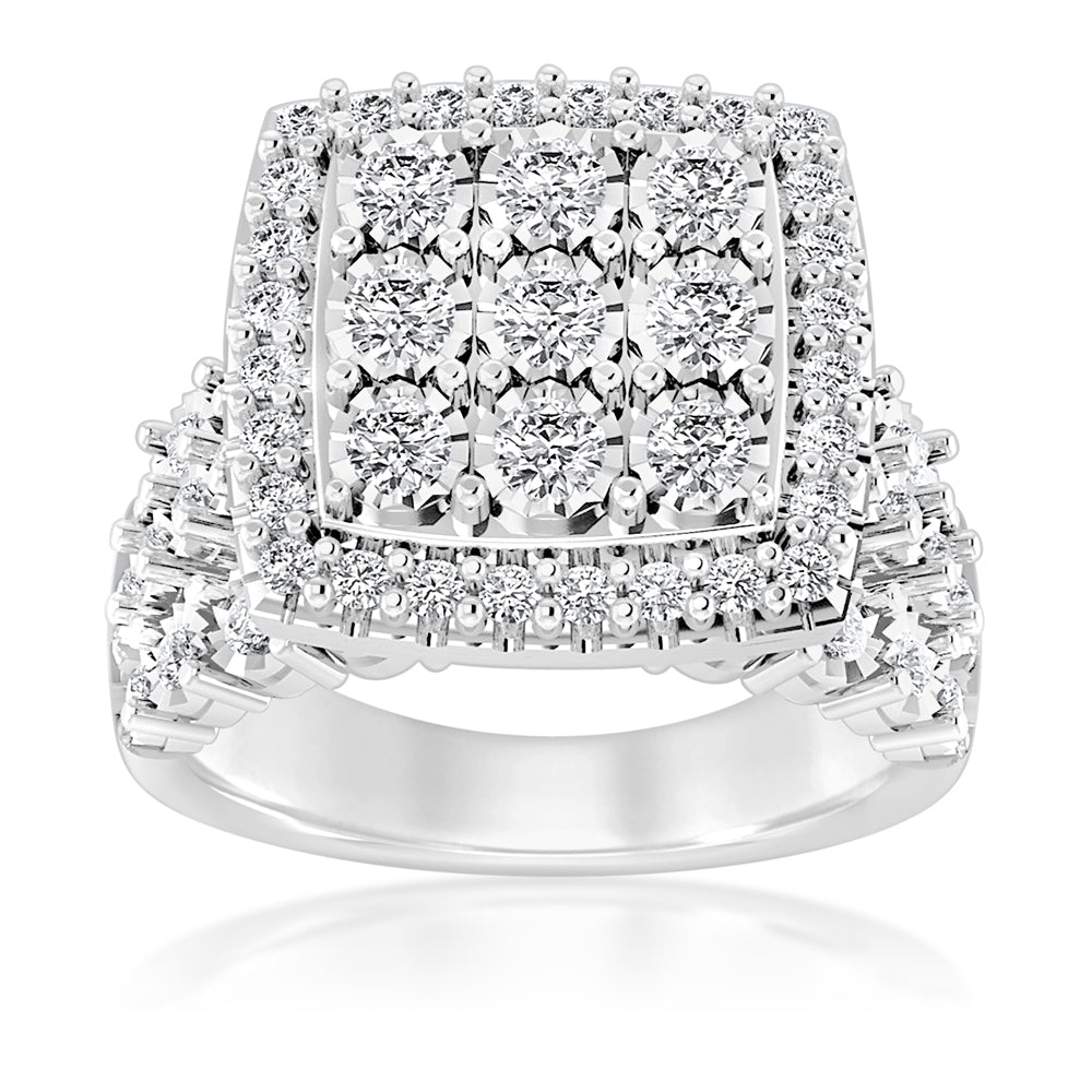 Sterling Silver 1 Carat Cushion Shape Cluster Diamond Ring