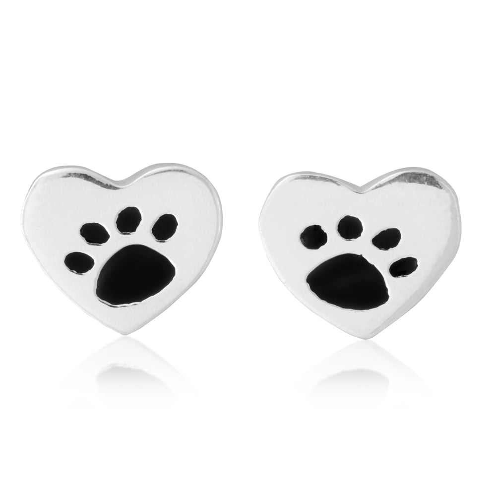 Sterling Silver Heart with Paw Print Stud Earrings
