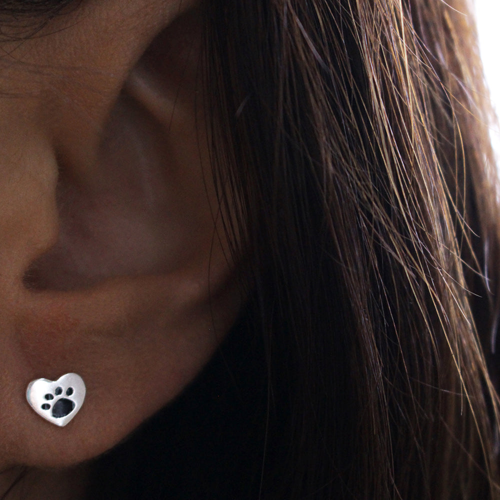 Sterling Silver Heart with Paw Print Stud Earrings