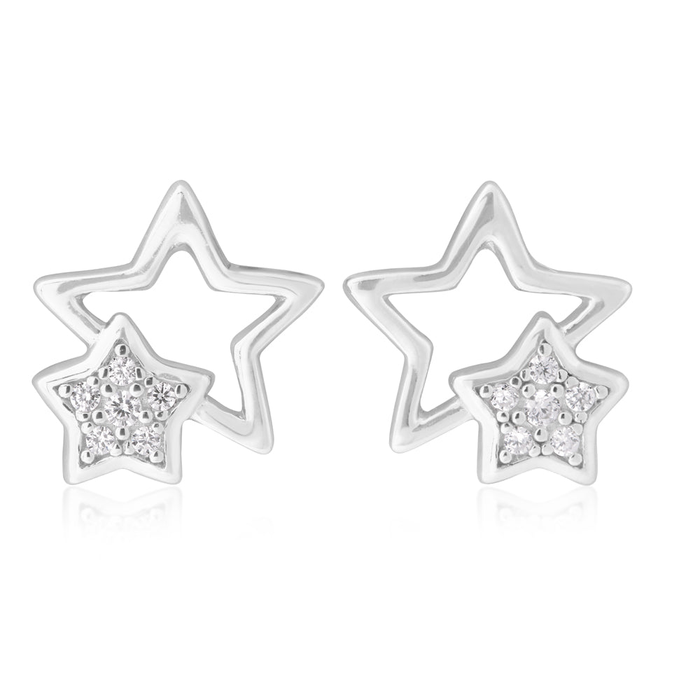 Sterling Silver Double Star Zirconia Stud Earrings