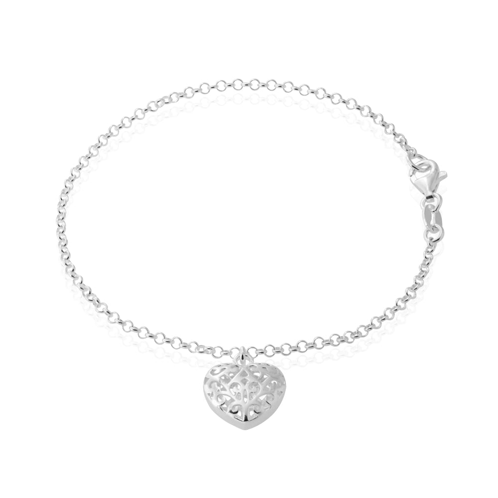 Sterling Silver 19cm Filigree Heart Charm Bracelet