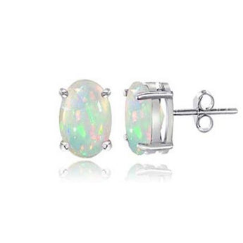 Sterling Silver 7x5mm Simulated Opal Oval Stud Earrings