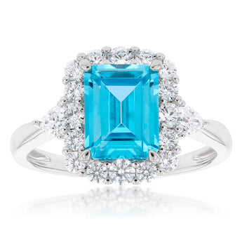 Sterling Silver Rhodium Plated White & Aquamarine Cubic Zirconia Emerald Cut Ring