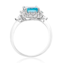 Load image into Gallery viewer, Sterling Silver Rhodium Plated White &amp; Aquamarine Cubic Zirconia Emerald Cut Ring