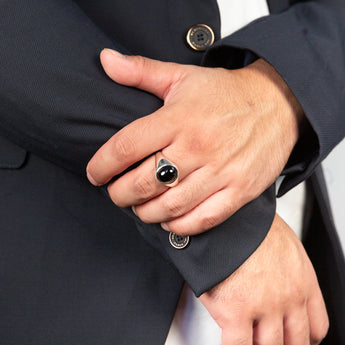 Sterling Silver Round Black Mens Ring
