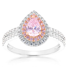 Load image into Gallery viewer, Sterling Silver Rhodium &amp; Rose Gold Plated White &amp; Pink CZ Pear Ring