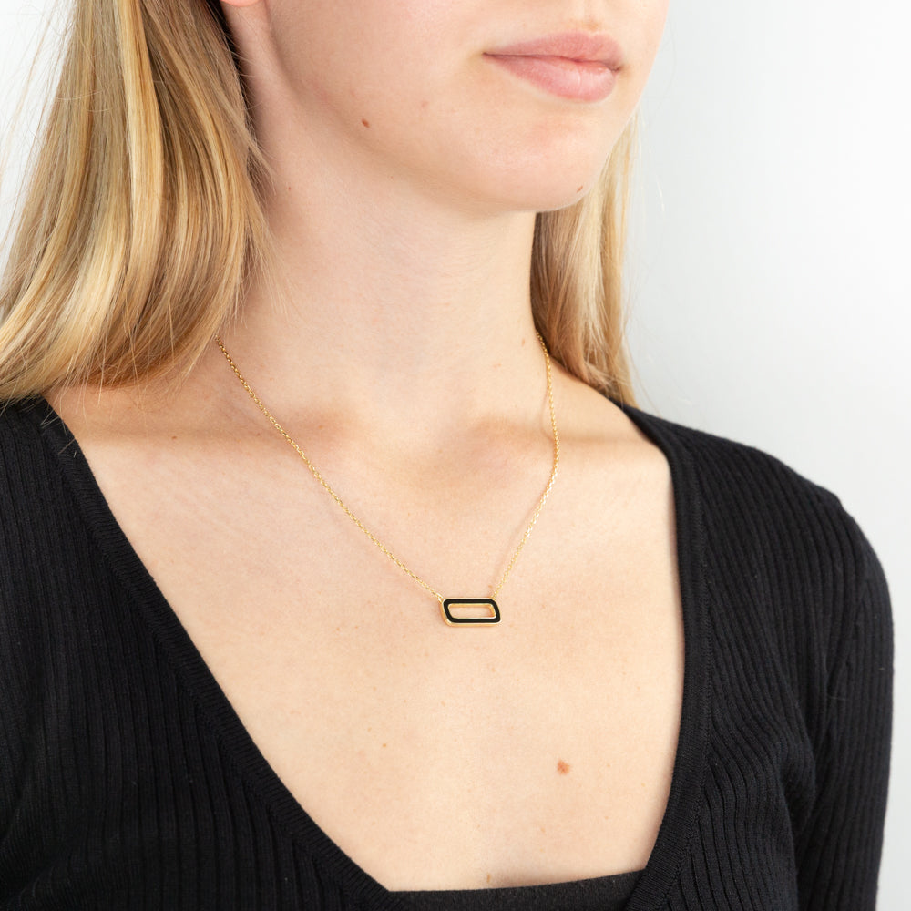 Sterling Silver Gold Plated Black Enamel Rectangle Pendant On 45.5cm Chain