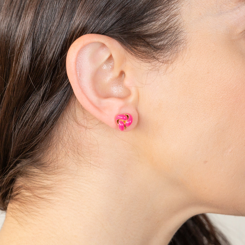 Sterling Silver Gold Plated Fuchsia Enamel Knot Stud Earrings