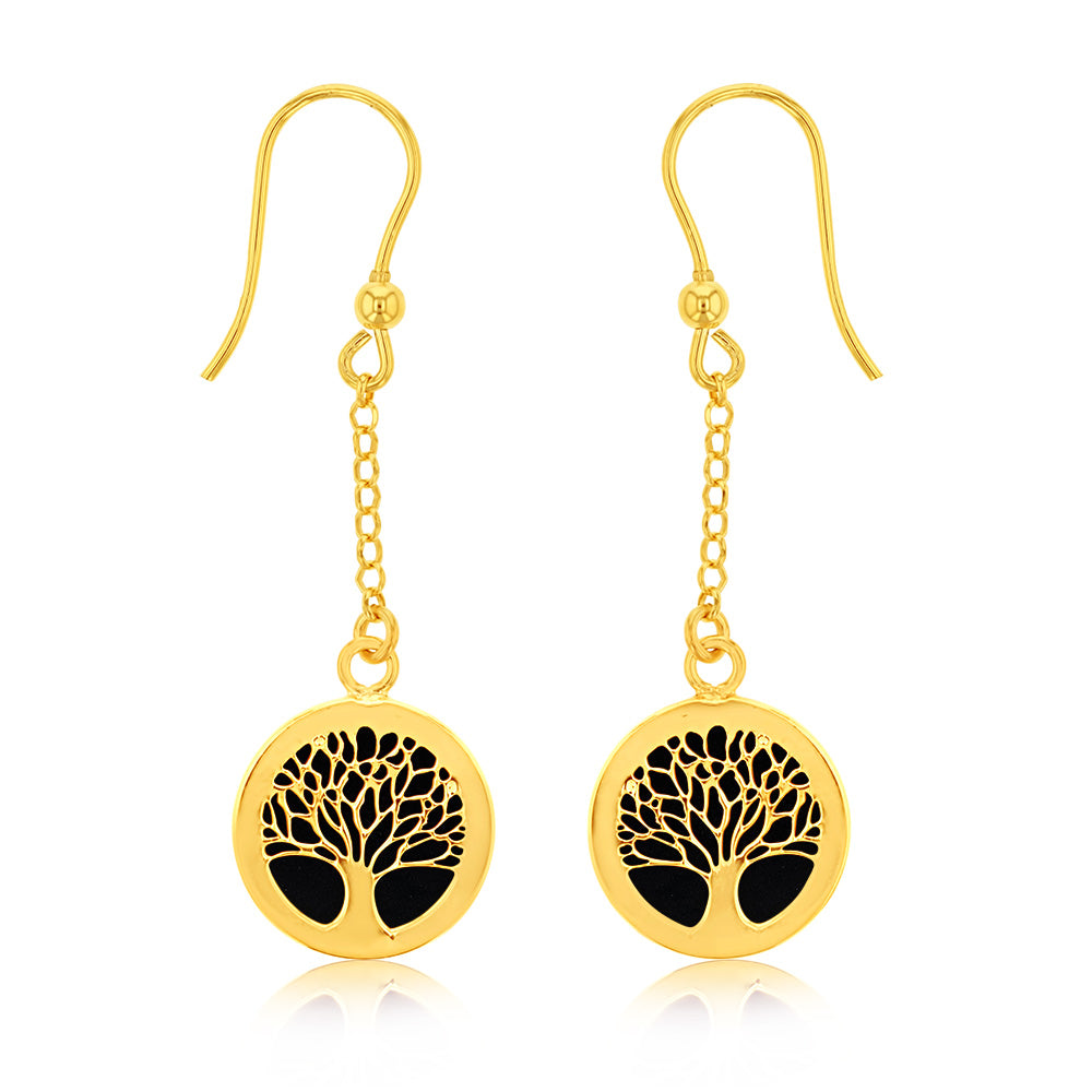 Sterling Silver Gold Plated Onix Tree Of Life Drop Earrings