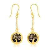 Sterling Silver Gold Plated Onix Tree Of Life Drop Earrings