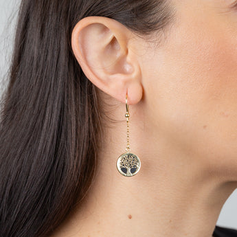 Sterling Silver Gold Plated Onix Tree Of Life Drop Earrings