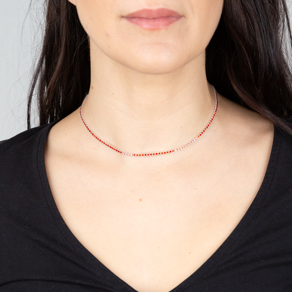 Sterling Silver Red Cubic Zirconia On 32+10cm Chain