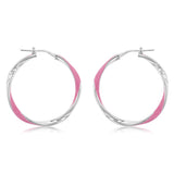 Sterling Silver Pink Enamel On Twisted 30mm Hoop Earrings
